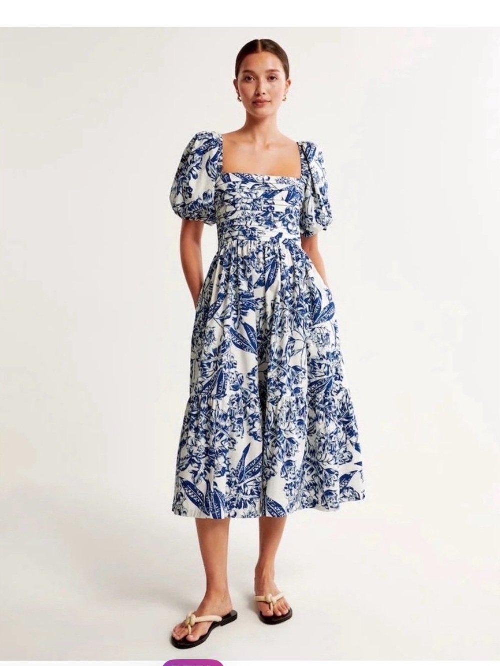 Abercrombie & Fitch Emerson Blue and White Floral Puff-Sleeve Midi Dress
